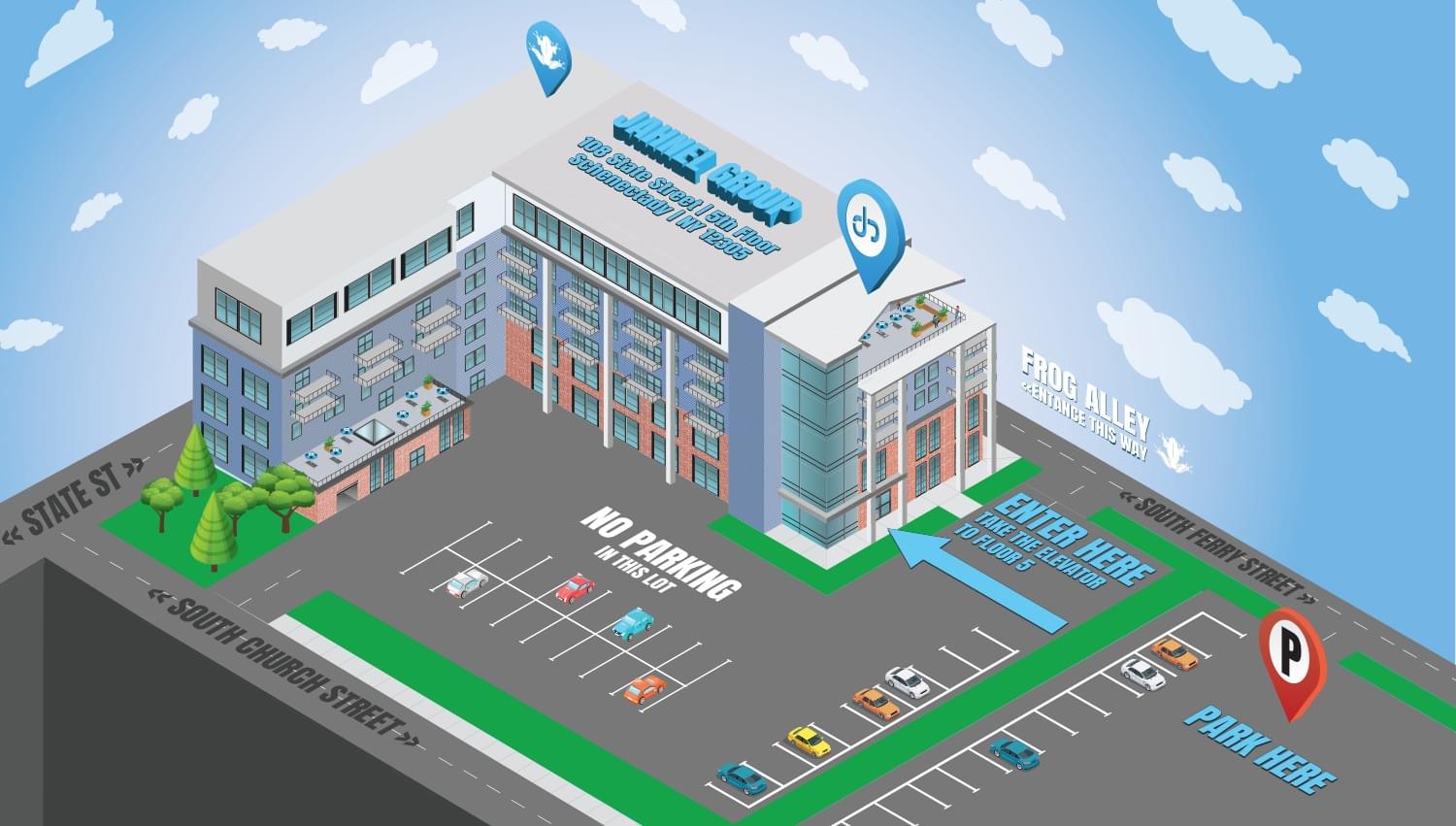 Map showing Frog Alley Brewing on State Street and the Jahnel Group office entrance in the back. Parking lot also in the back with entrances from two streets: South Ferry Street and South Church Street. Enter the door closest to South Ferry Street and take the elevator to the 5th floor. Full address is 108 State Street Floor 5 Schenectady, NY 12305.